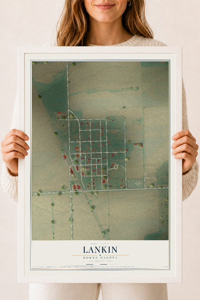 Map of Lankin, North Dakota, 18 x 24 inch print in a white wood frame