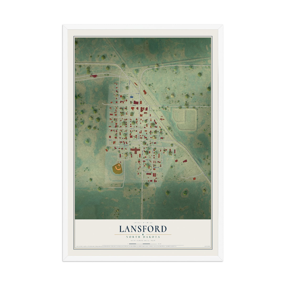 Map of Lansford, North Dakota, 12 x 18 inch print in a white wood frame