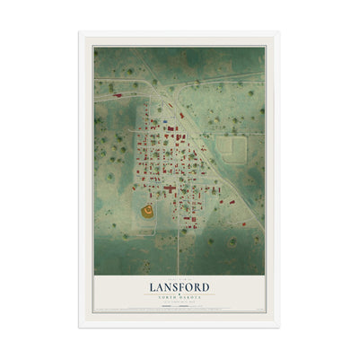 Map of Lansford, North Dakota, 12 x 18 inch print in a white wood frame