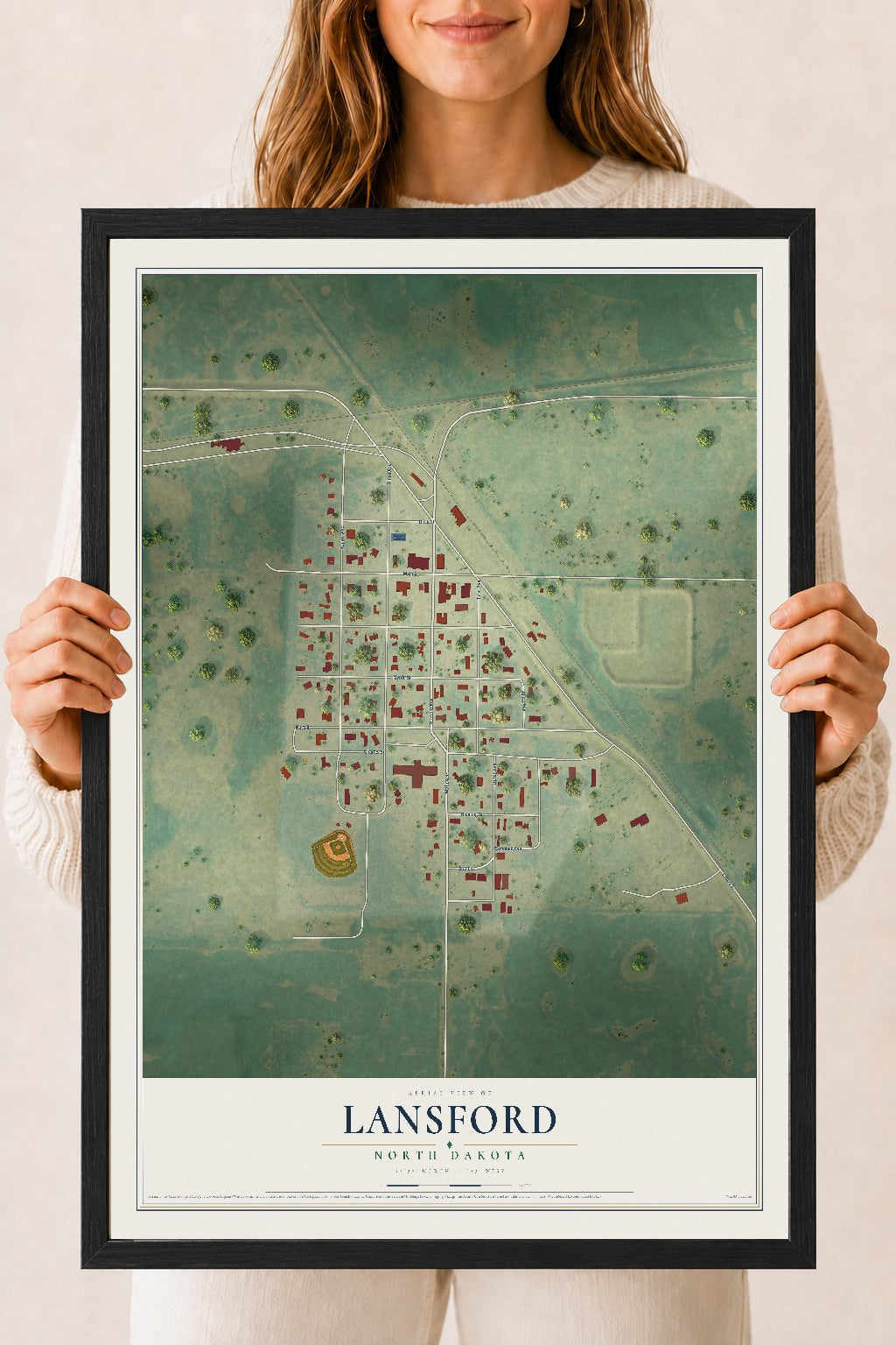 Map of Lansford, North Dakota, 18 x 24 inch print in a black wood frame