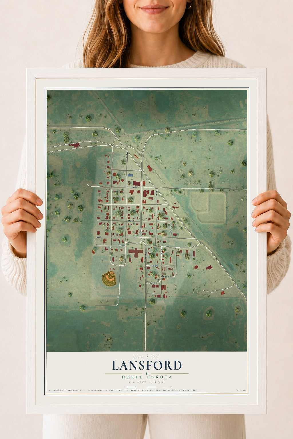 Map of Lansford, North Dakota, 18 x 24 inch print in a white wood frame