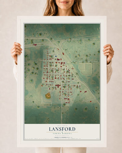 Map of Lansford, North Dakota, 24 x 36 inch print in a white wood frame
