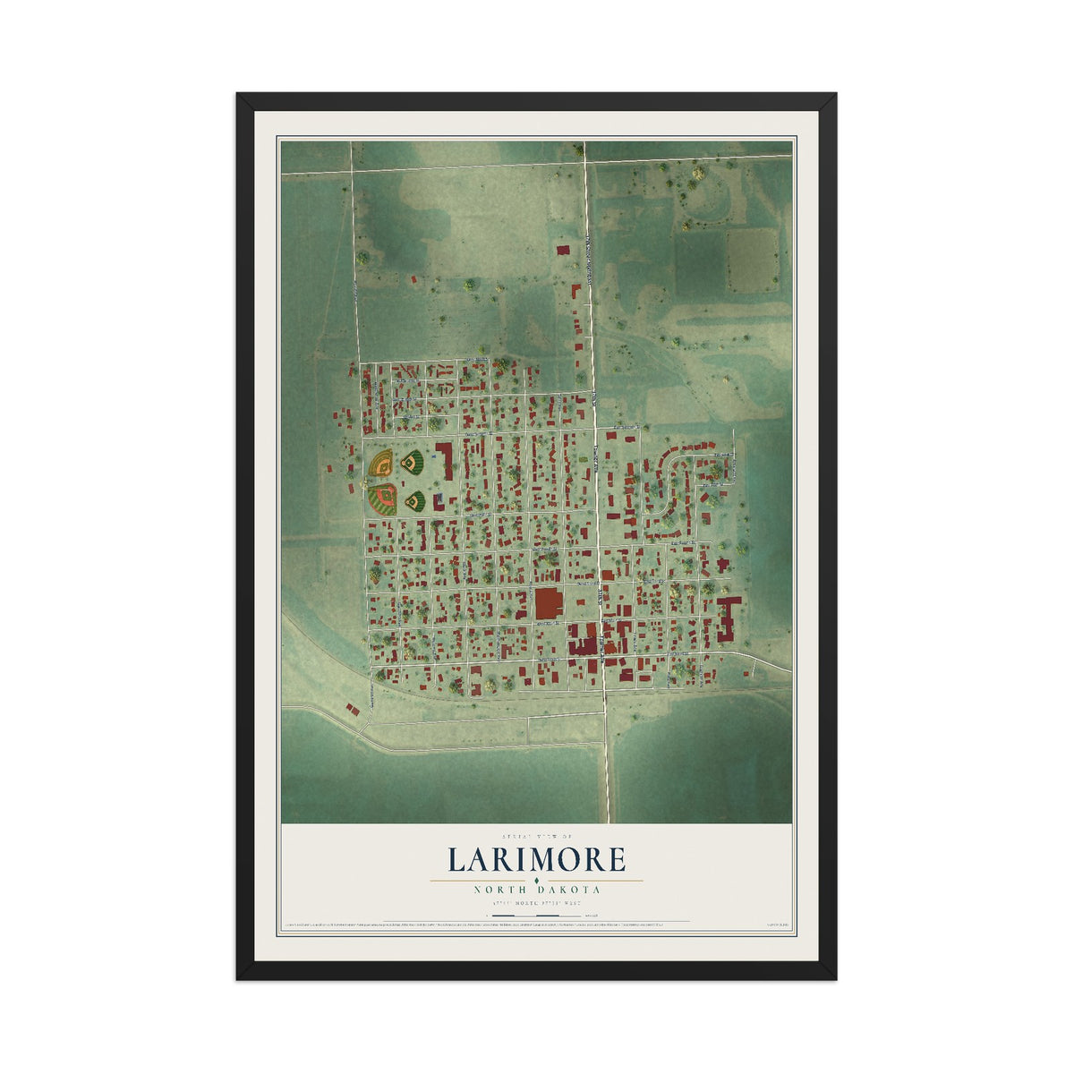 Map of Larimore, North Dakota, 12 x 18 inch print in a black wood frame