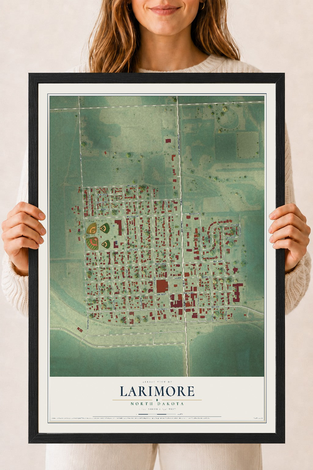Map of Larimore, North Dakota, 18 x 24 inch print in a black wood frame