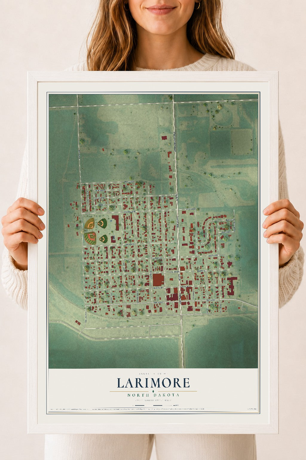 Map of Larimore, North Dakota, 18 x 24 inch print in a white wood frame