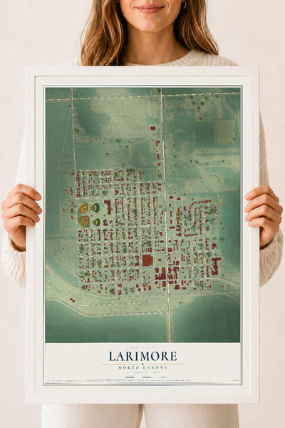 Map of Larimore, North Dakota, 18 x 24 inch print in a white wood frame