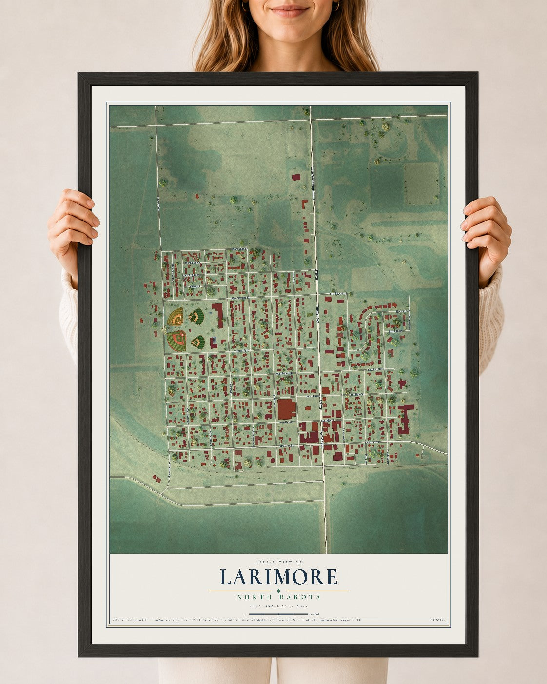 Map of Larimore, North Dakota, 24 x 36 inch print in a black wood frame