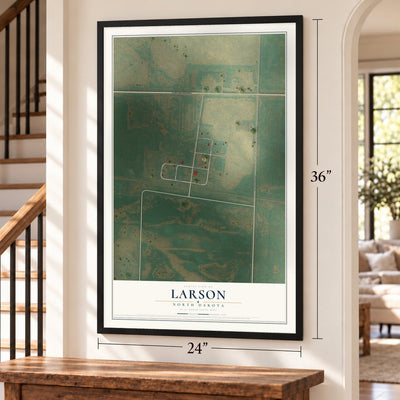 Larson, North Dakota map, 24 x 36 inch print in a black frame by a staircase