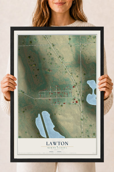 Map of Lawton, North Dakota, 18 x 24 inch print in a black wood frame