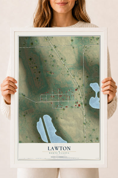 Map of Lawton, North Dakota, 18 x 24 inch print in a white wood frame