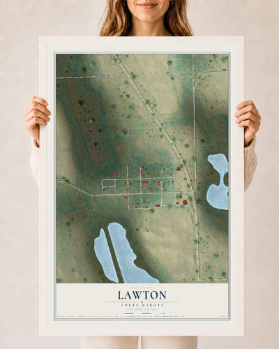 Map of Lawton, North Dakota, 24 x 36 inch print in a white wood frame