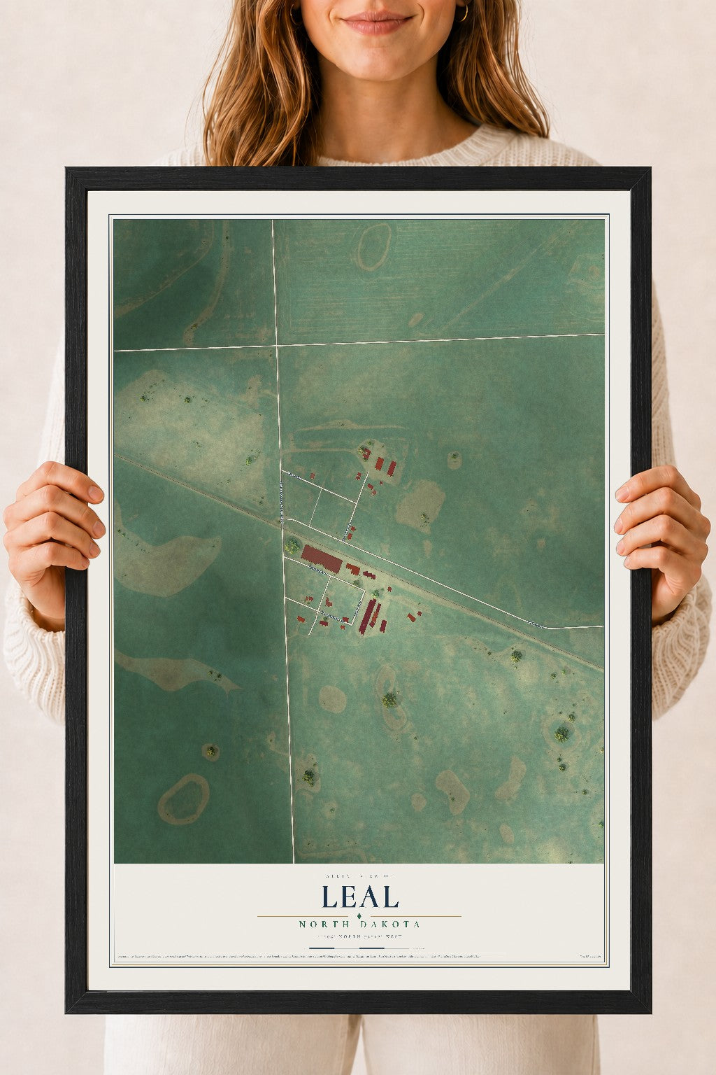 Map of Leal, North Dakota, 18 x 24 inch print in a black wood frame