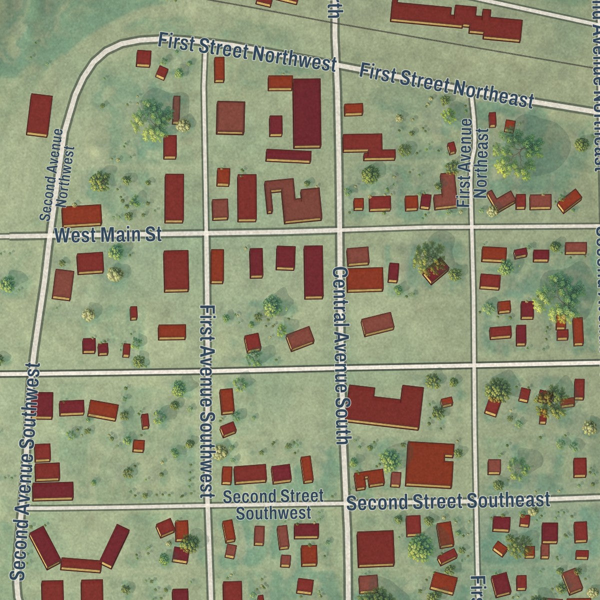 Close-up of the map of Leeds, North Dakota print showing street and building detail