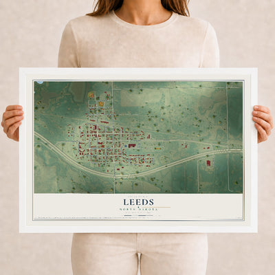 Map of Leeds, North Dakota, 12 x 18 inch print in a white wood frame