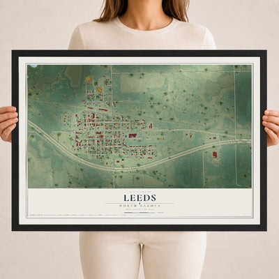 Map of Leeds, North Dakota, 18 x 24 inch print in a black wood frame