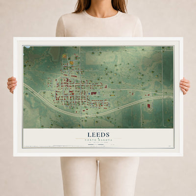 Map of Leeds, North Dakota, 24 x 36 inch print in a white wood frame