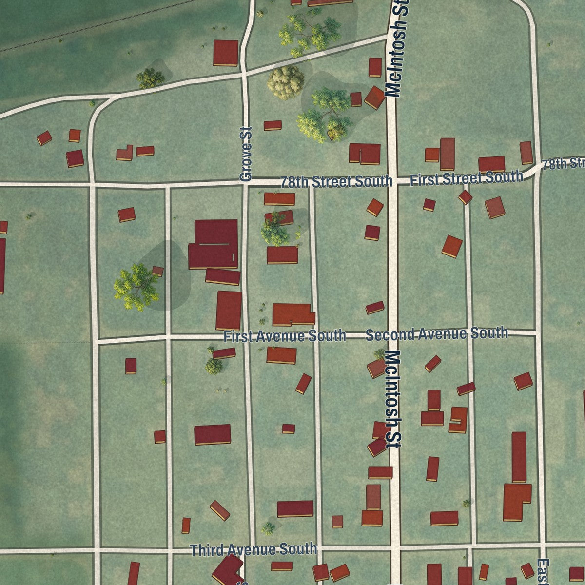 Close-up of the map of Lehr, North Dakota print showing street and building detail