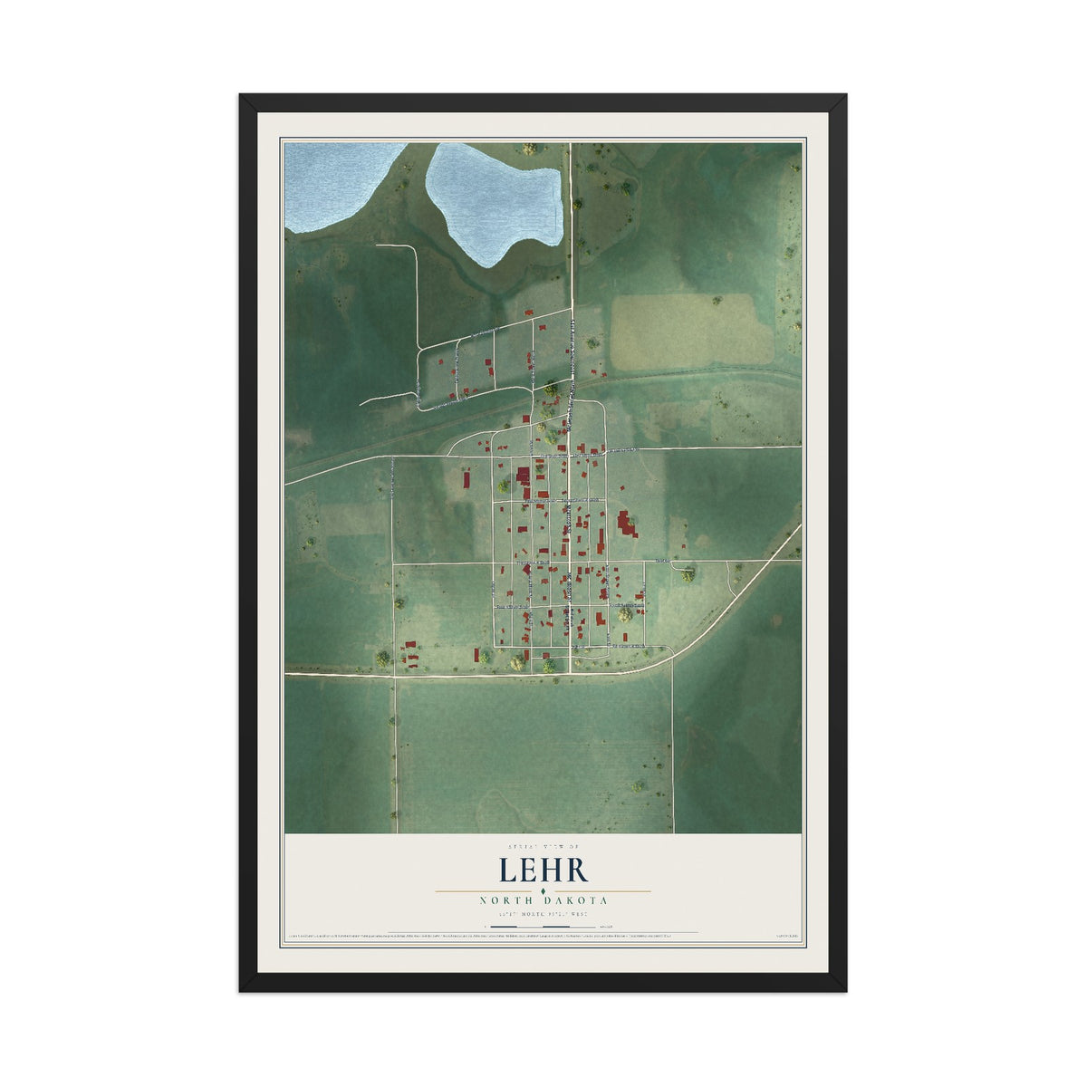 Map of Lehr, North Dakota, 12 x 18 inch print in a black wood frame
