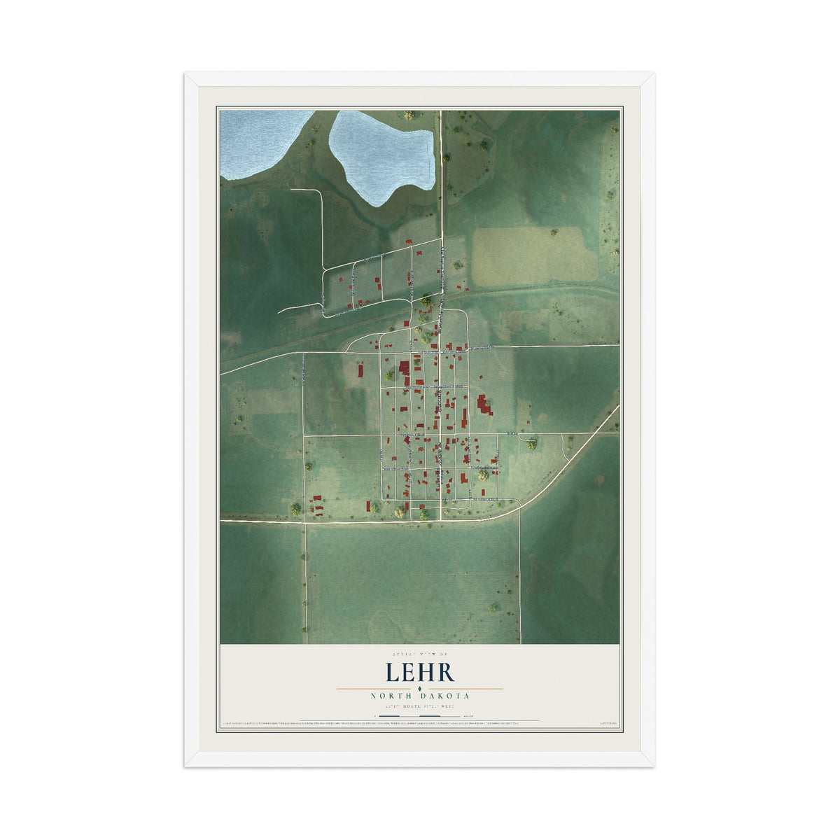 Map of Lehr, North Dakota, 12 x 18 inch print in a white wood frame