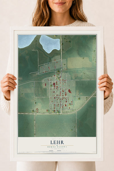 Map of Lehr, North Dakota, 18 x 24 inch print in a white wood frame