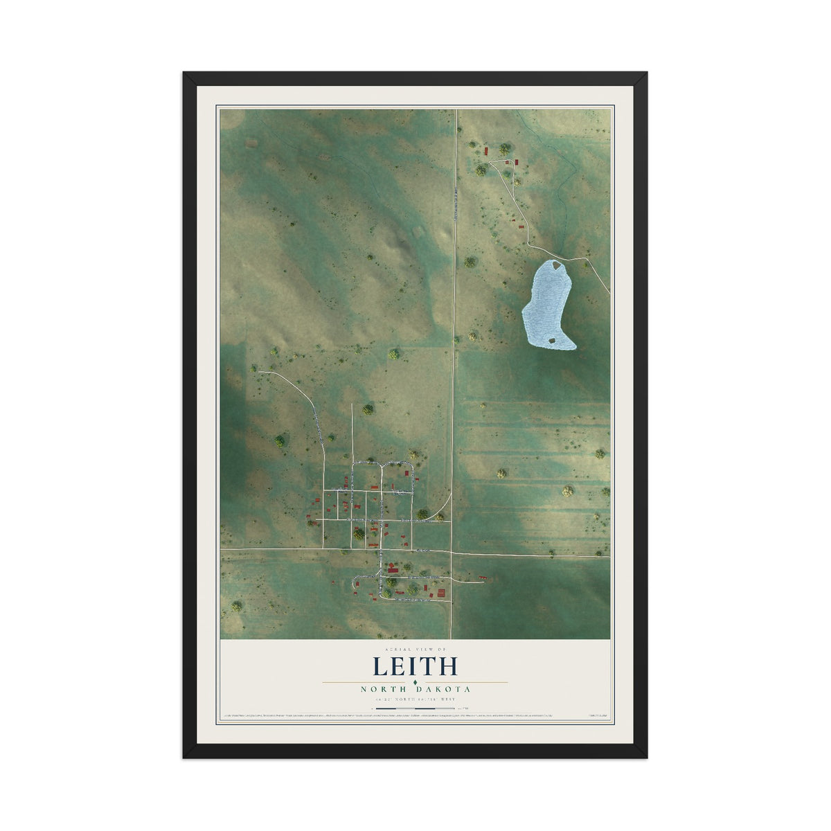 Map of Leith, North Dakota, 12 x 18 inch print in a black wood frame