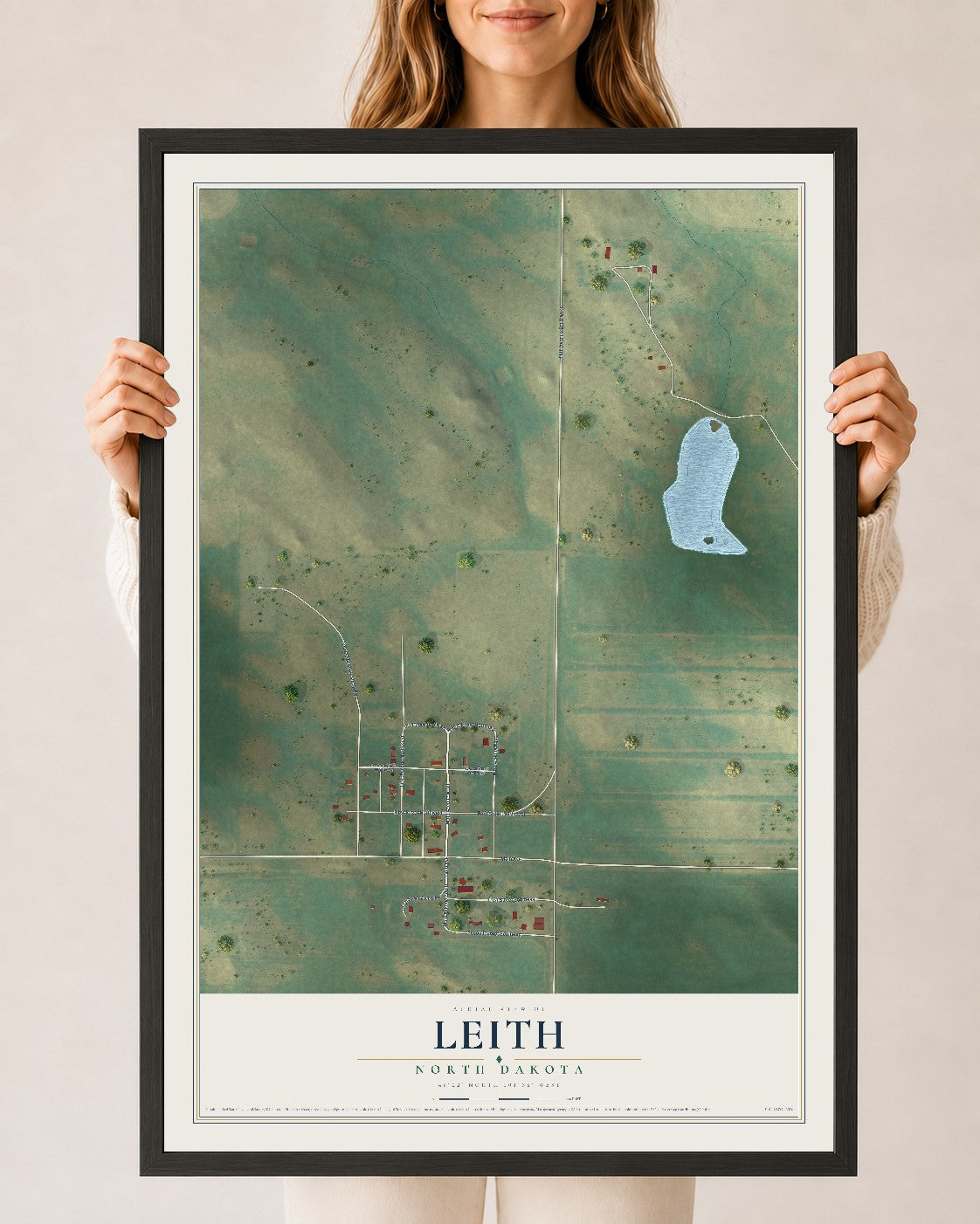Map of Leith, North Dakota, 24 x 36 inch print in a black wood frame