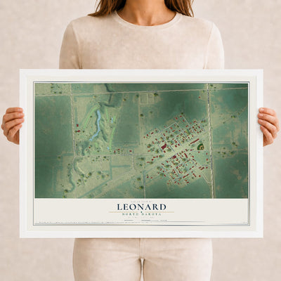 Map of Leonard, North Dakota, 12 x 18 inch print in a white wood frame