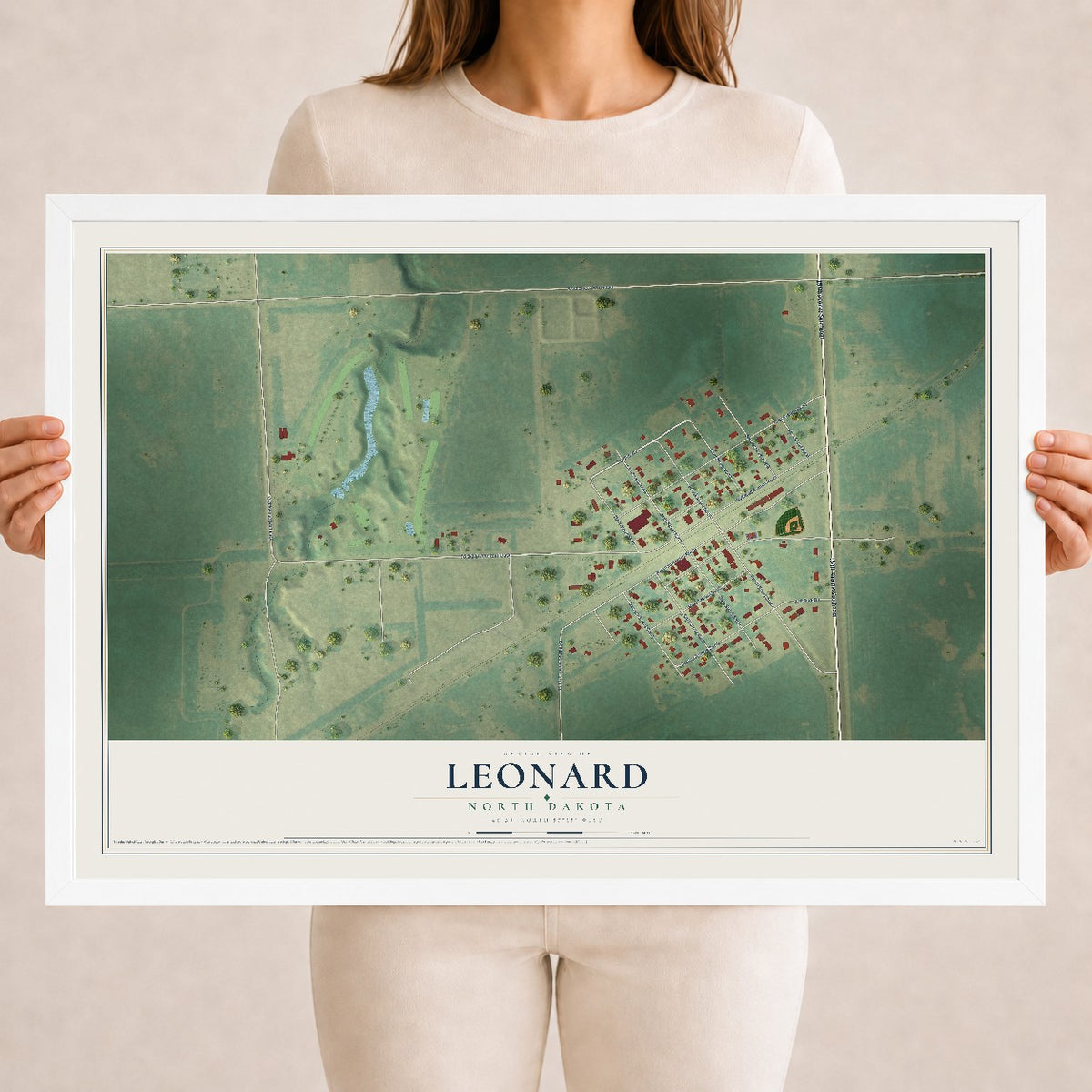 Map of Leonard, North Dakota, 18 x 24 inch print in a white wood frame