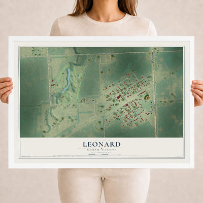 Map of Leonard, North Dakota, 18 x 24 inch print in a white wood frame