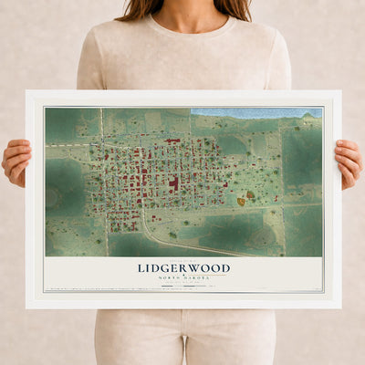 Map of Lidgerwood, North Dakota, 12 x 18 inch print in a white wood frame