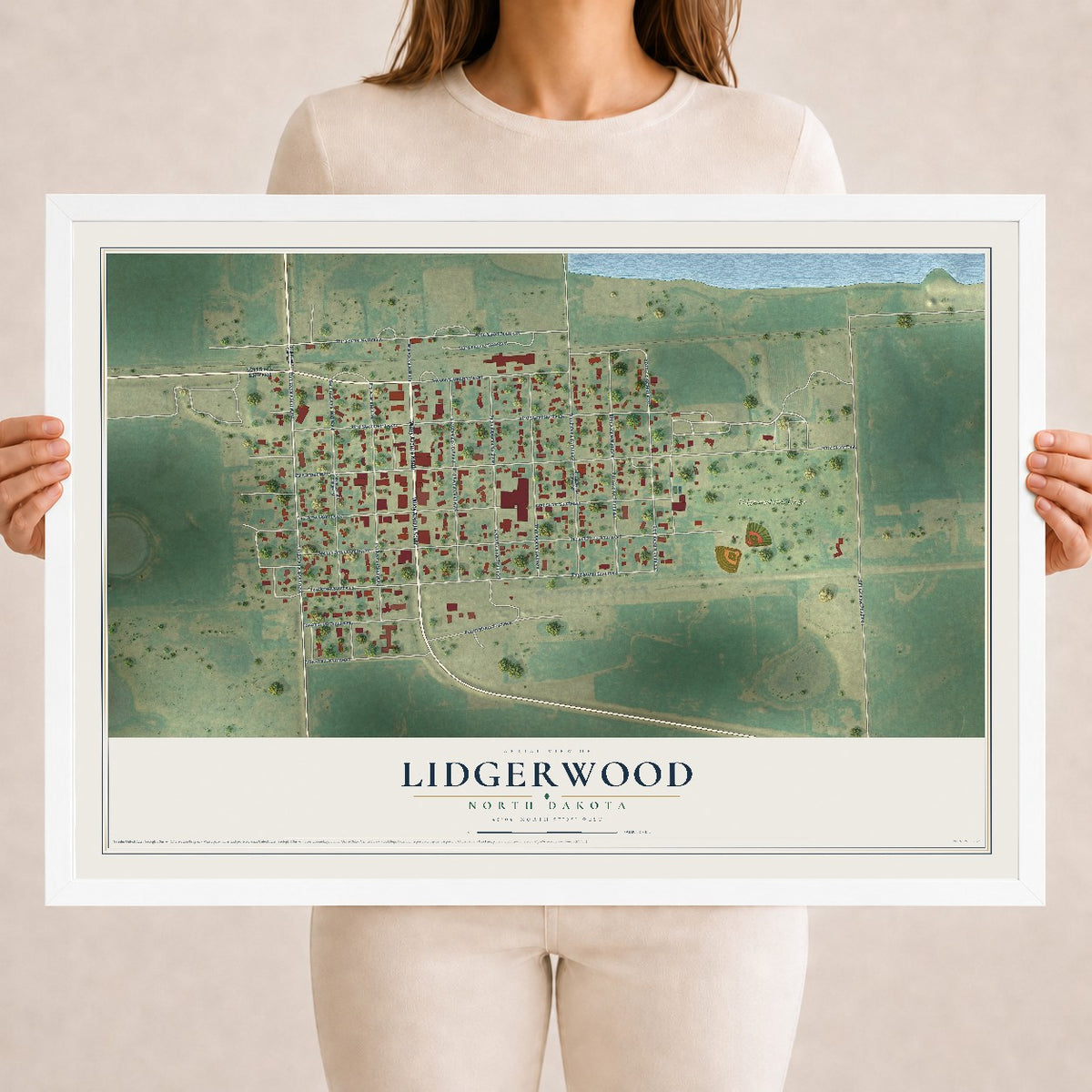 Map of Lidgerwood, North Dakota, 18 x 24 inch print in a white wood frame