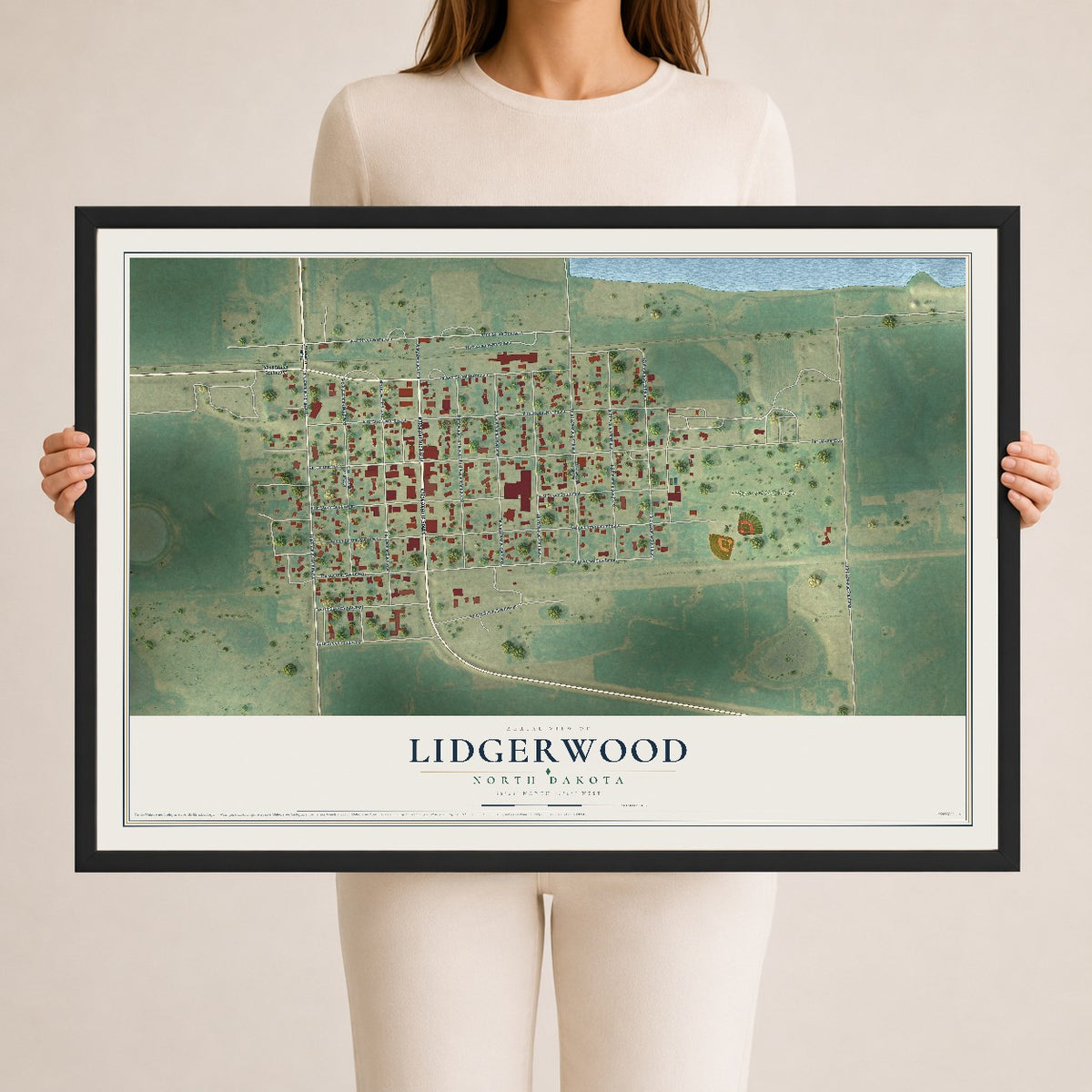 Map of Lidgerwood, North Dakota, 24 x 36 inch print in a black wood frame
