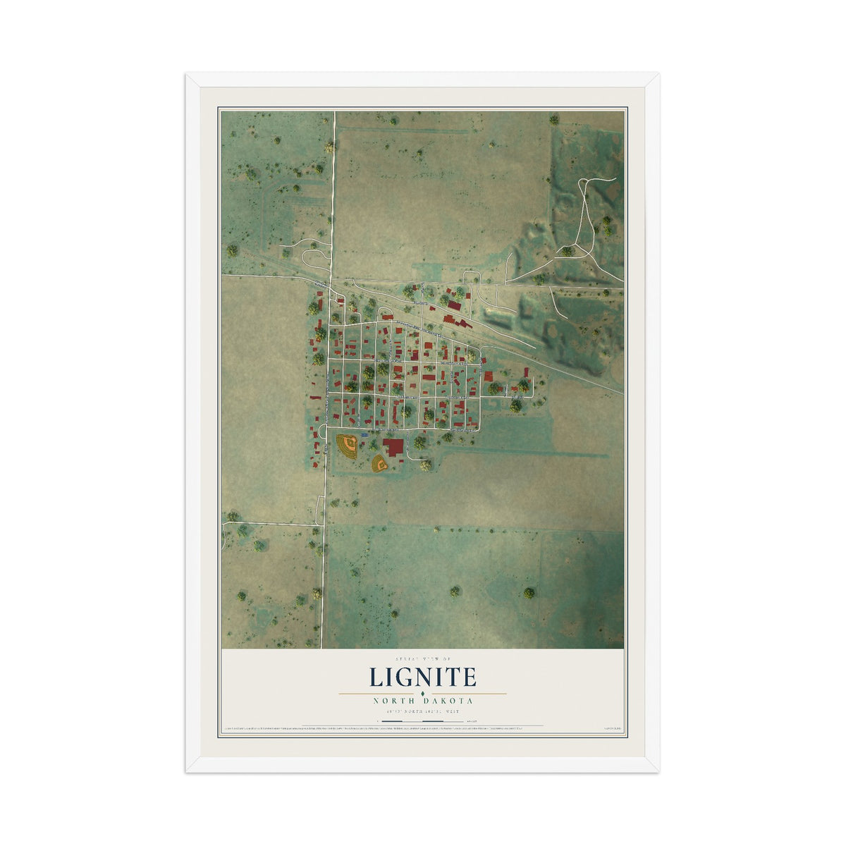 Map of Lignite, North Dakota, 12 x 18 inch print in a white wood frame