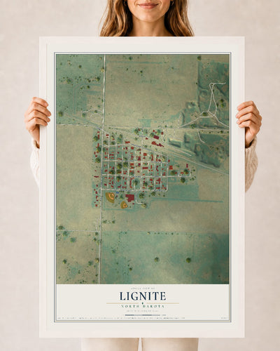 Map of Lignite, North Dakota, 24 x 36 inch print in a white wood frame