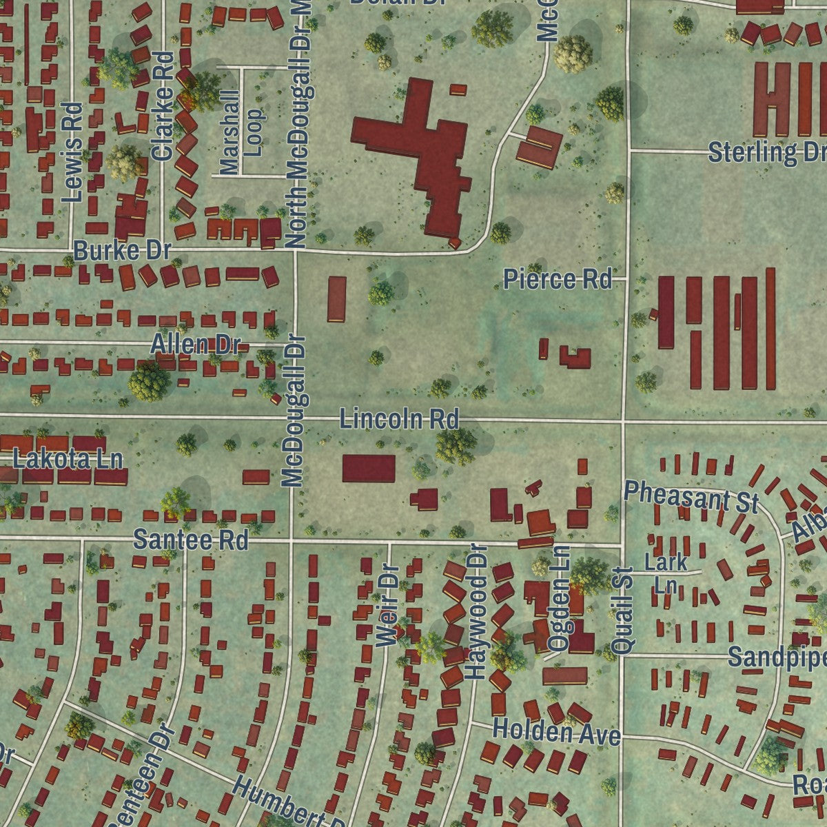 Close-up of the map of Lincoln, North Dakota print showing street and building detail