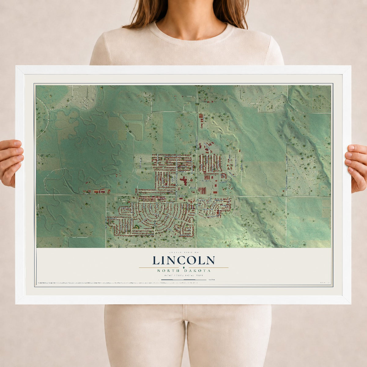 Map of Lincoln, North Dakota, 18 x 24 inch print in a white wood frame