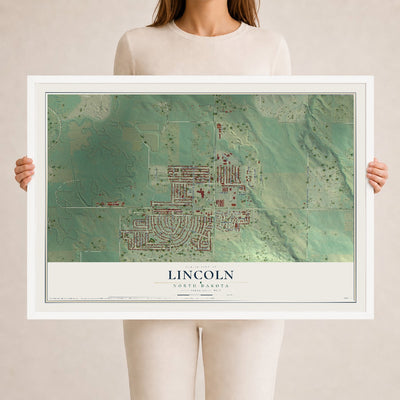 Map of Lincoln, North Dakota, 24 x 36 inch print in a white wood frame