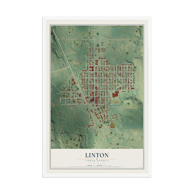 Map of Linton, North Dakota, 12 x 18 inch print in a white wood frame