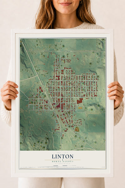 Map of Linton, North Dakota, 18 x 24 inch print in a white wood frame