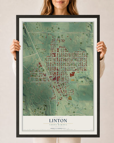 Map of Linton, North Dakota, 24 x 36 inch print in a black wood frame