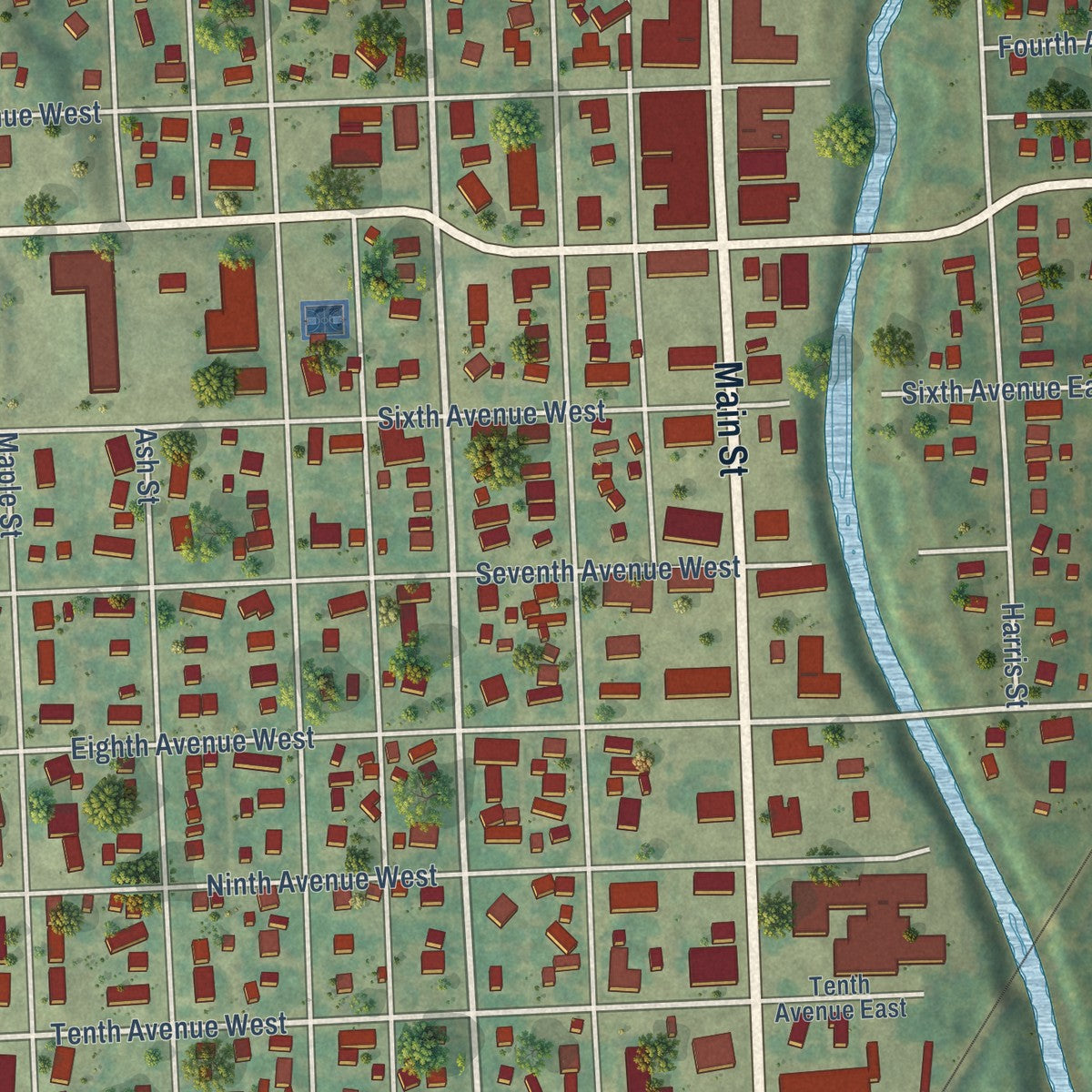 Close-up of the map of Lisbon, North Dakota print showing street and building detail