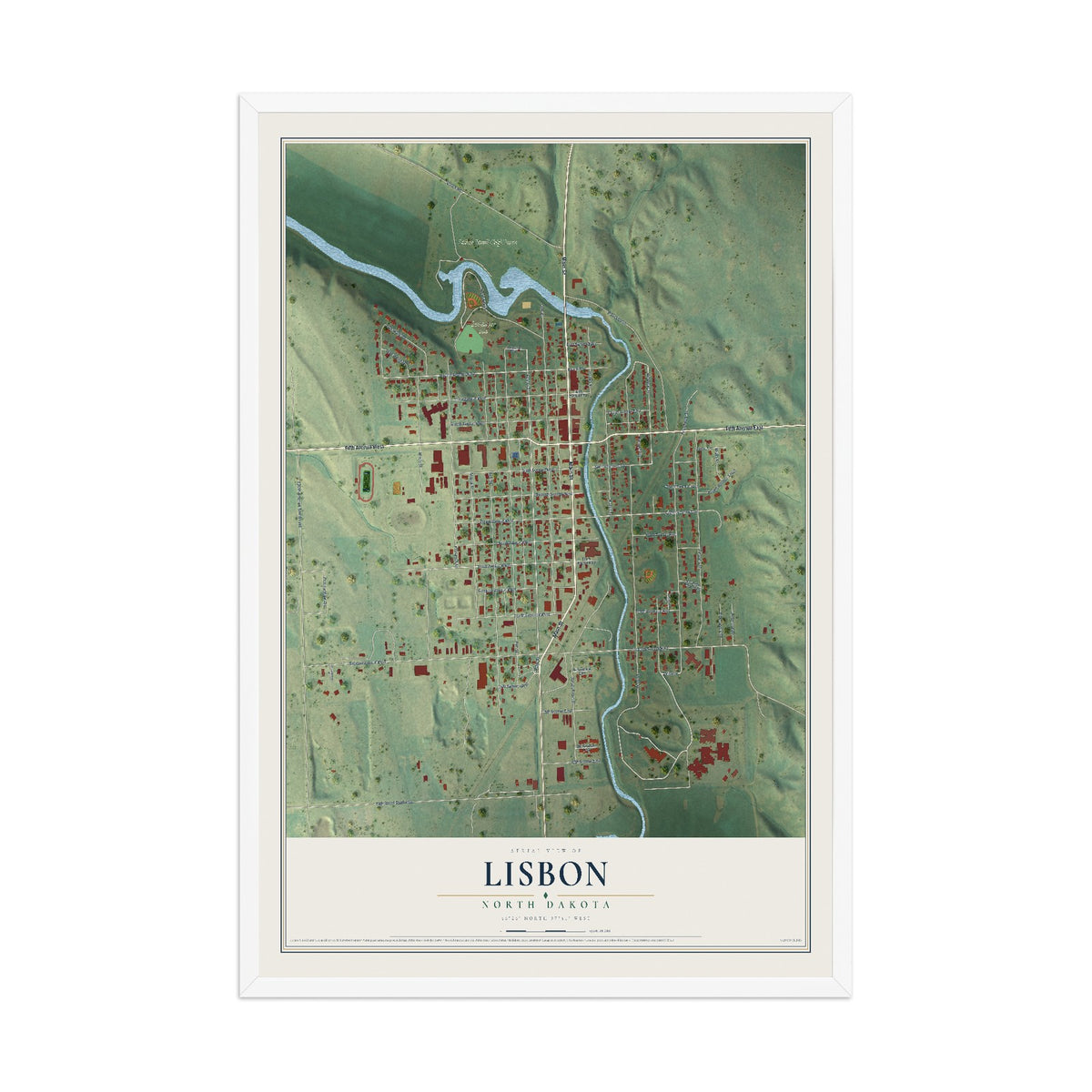Map of Lisbon, North Dakota, 12 x 18 inch print in a white wood frame