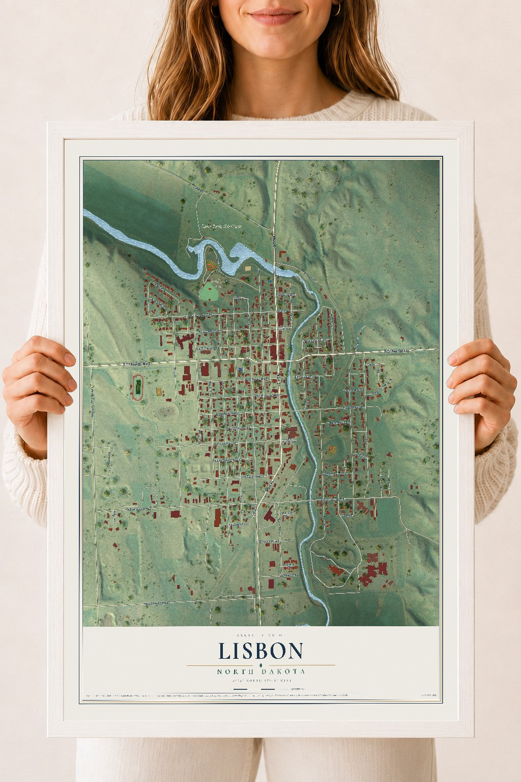 Map of Lisbon, North Dakota, 18 x 24 inch print in a white wood frame