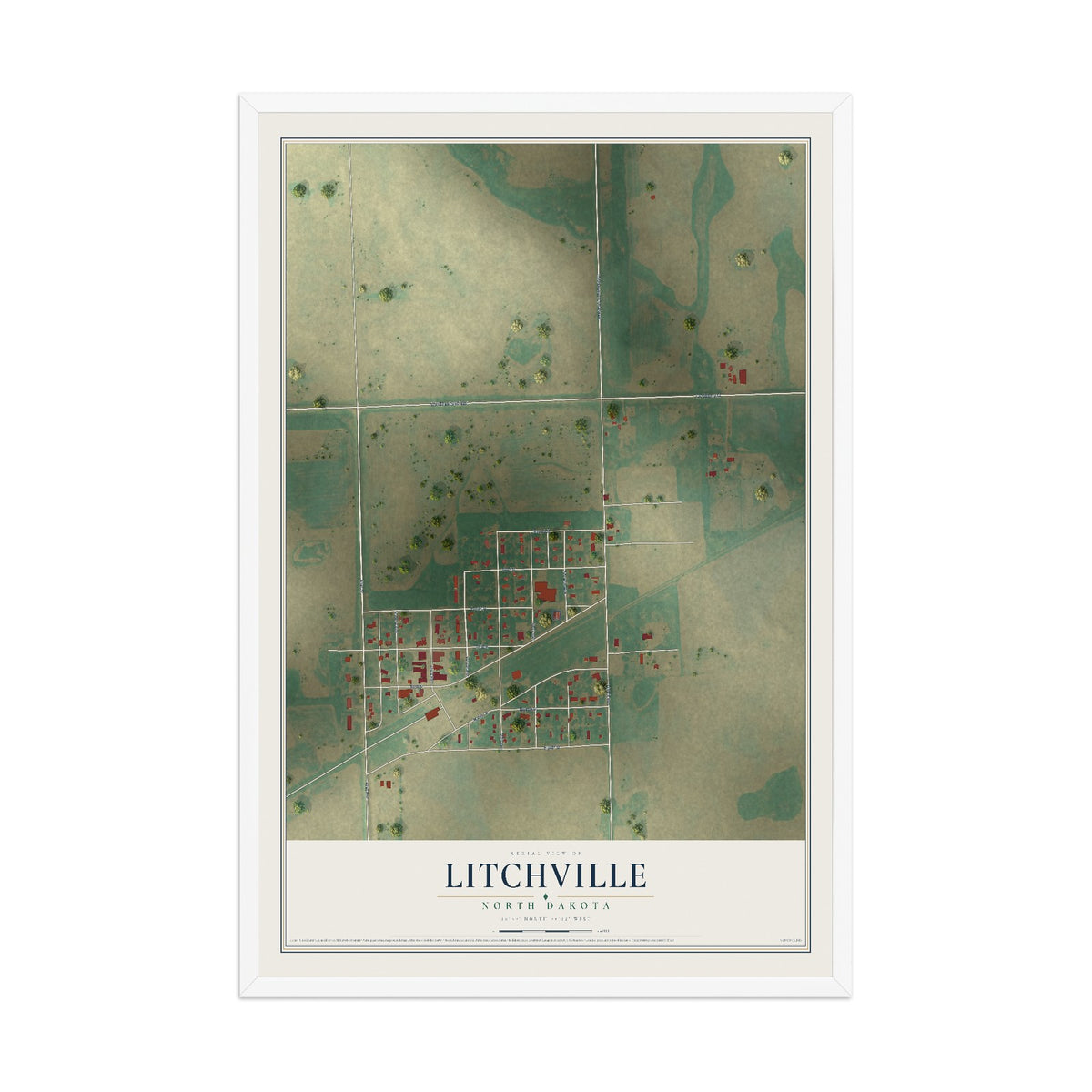 Map of Litchville, North Dakota, 12 x 18 inch print in a white wood frame