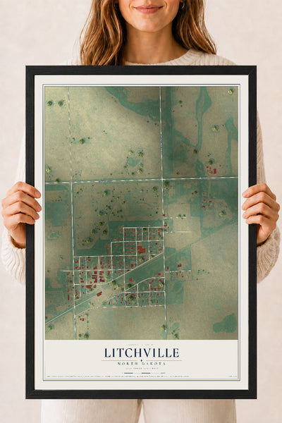 Map of Litchville, North Dakota, 18 x 24 inch print in a black wood frame