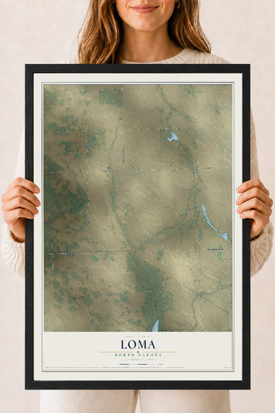 Map of Loma, North Dakota, 18 x 24 inch print in a black wood frame