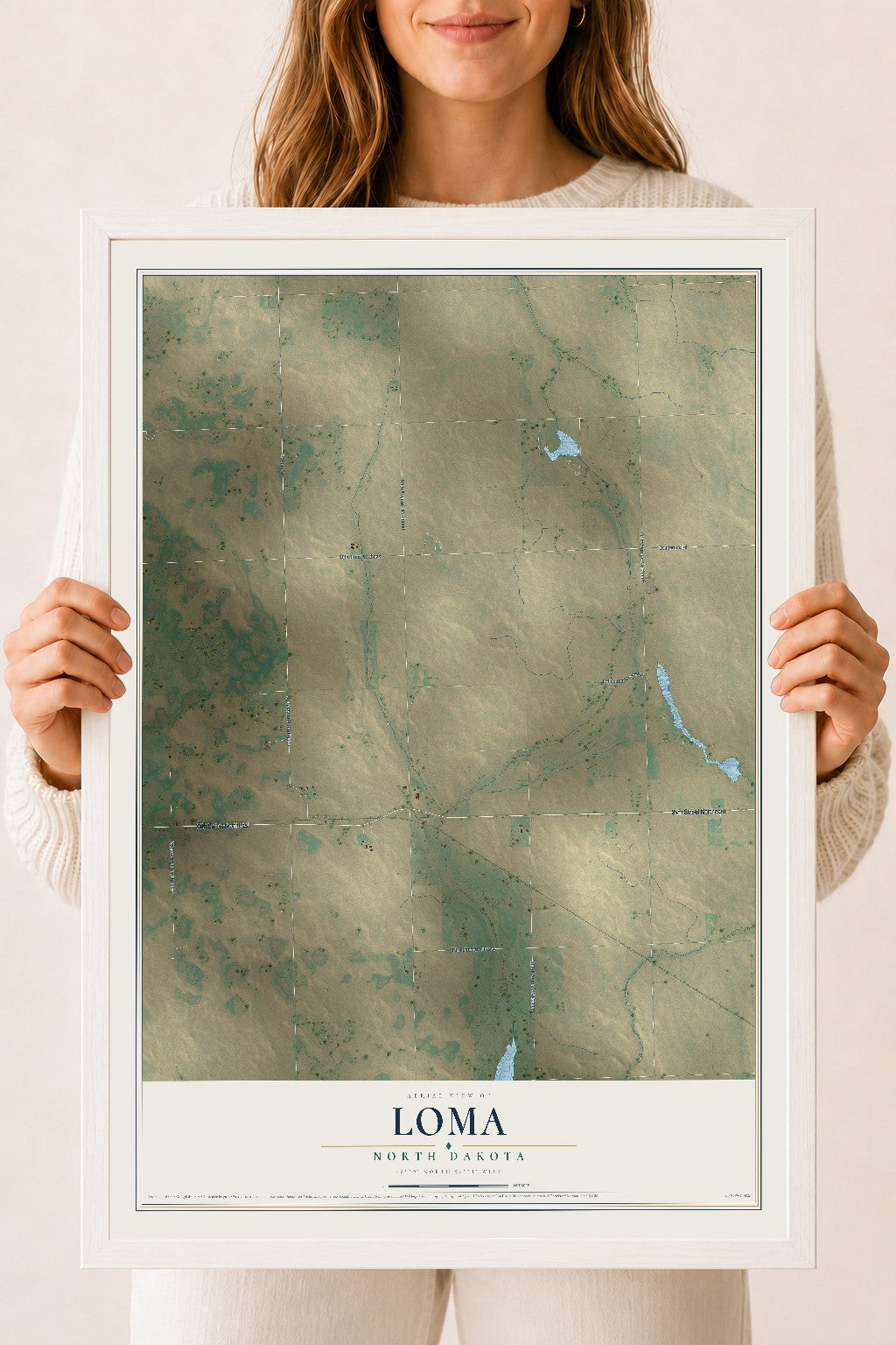 Map of Loma, North Dakota, 18 x 24 inch print in a white wood frame
