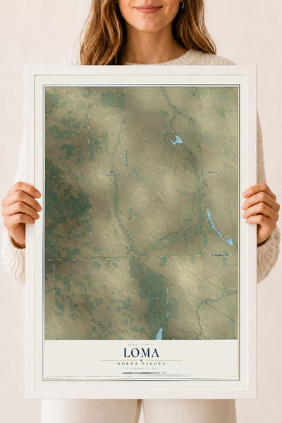 Map of Loma, North Dakota, 18 x 24 inch print in a white wood frame