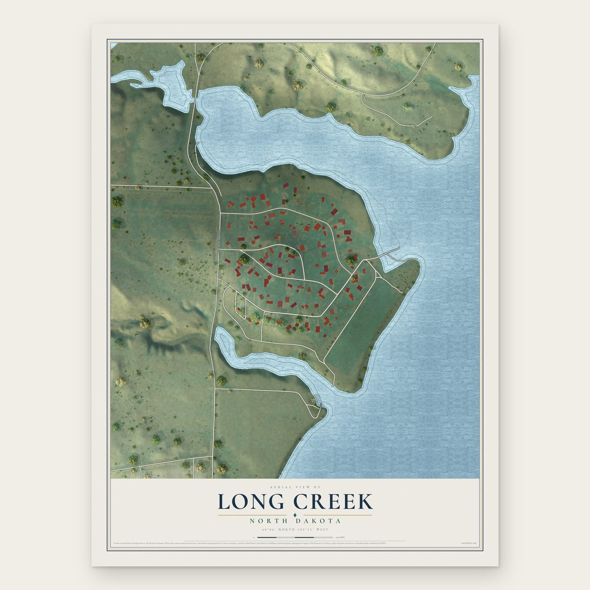 Long Creek, North Dakota map print, the full design