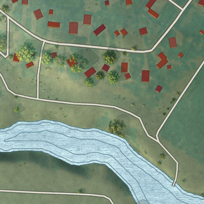 Close-up of the map of Long Creek, North Dakota print showing street and building detail